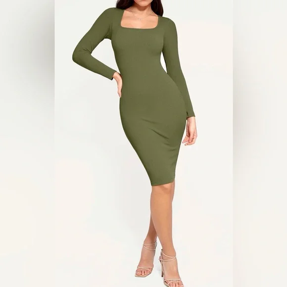 Popilush Olive Green Long Sleeve Bodycon Dress Built-In Shapewear Square Neck L - Picture 1 of 5